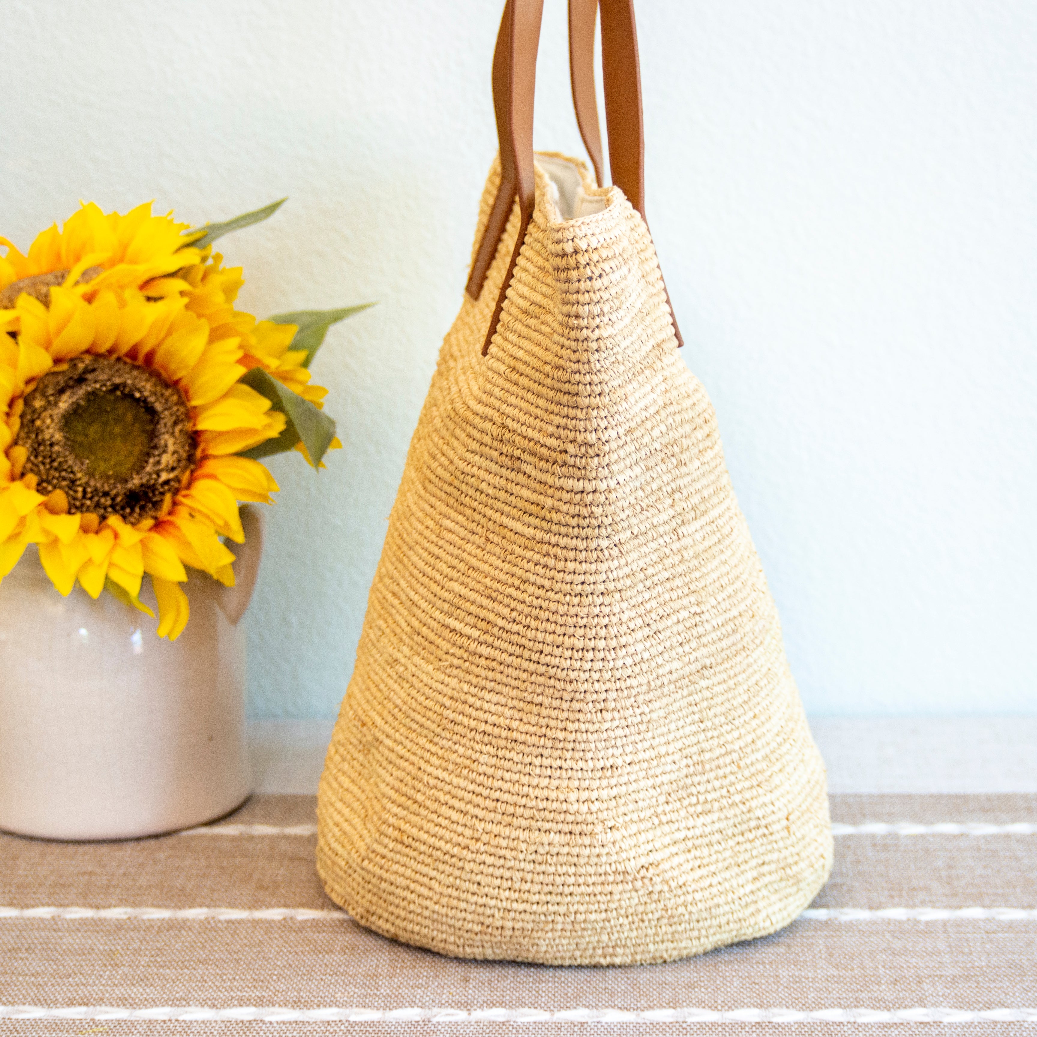 Raffia Summer Straw Tote with Genuine Leather Handles