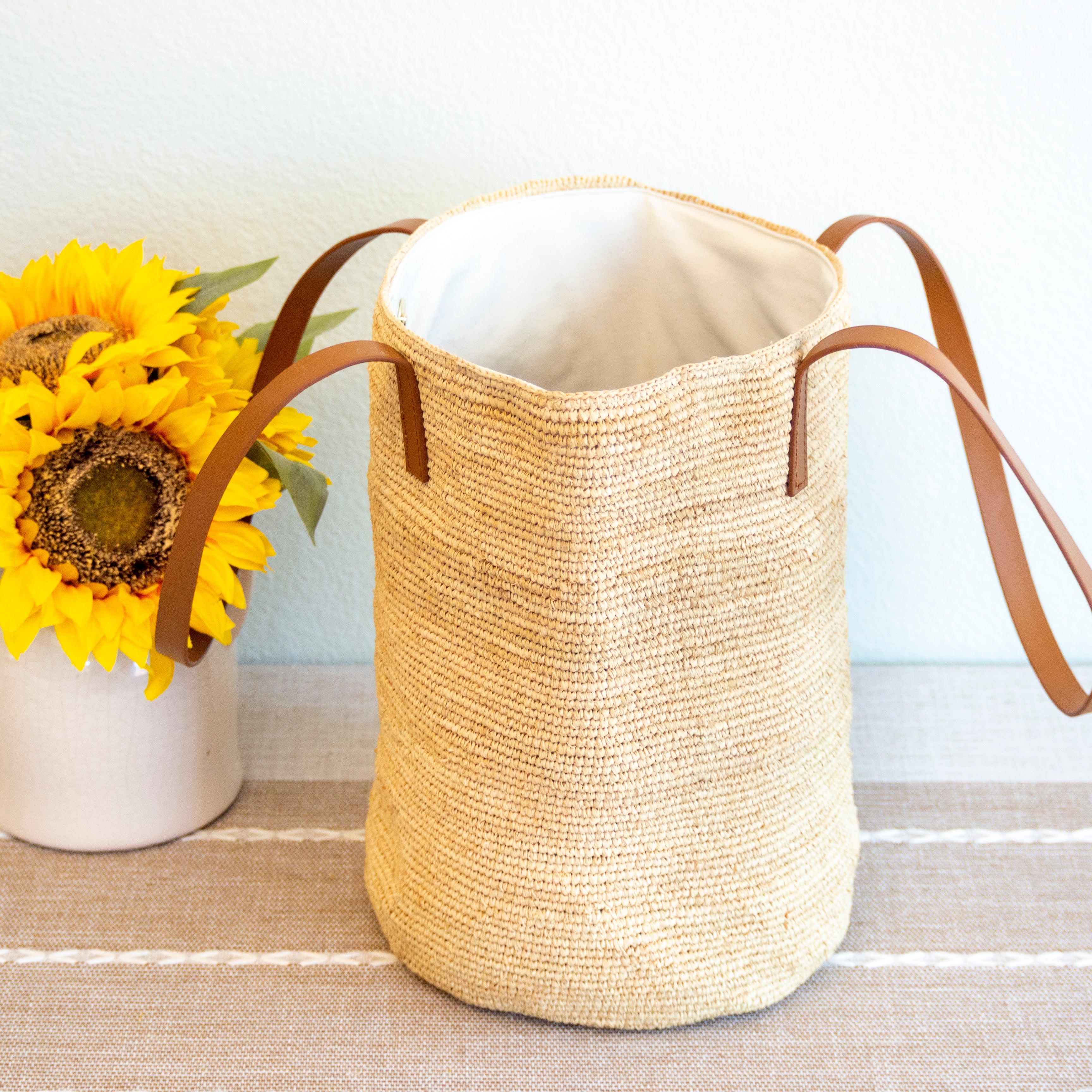 Raffia Summer Straw Tote with Genuine Leather Handles