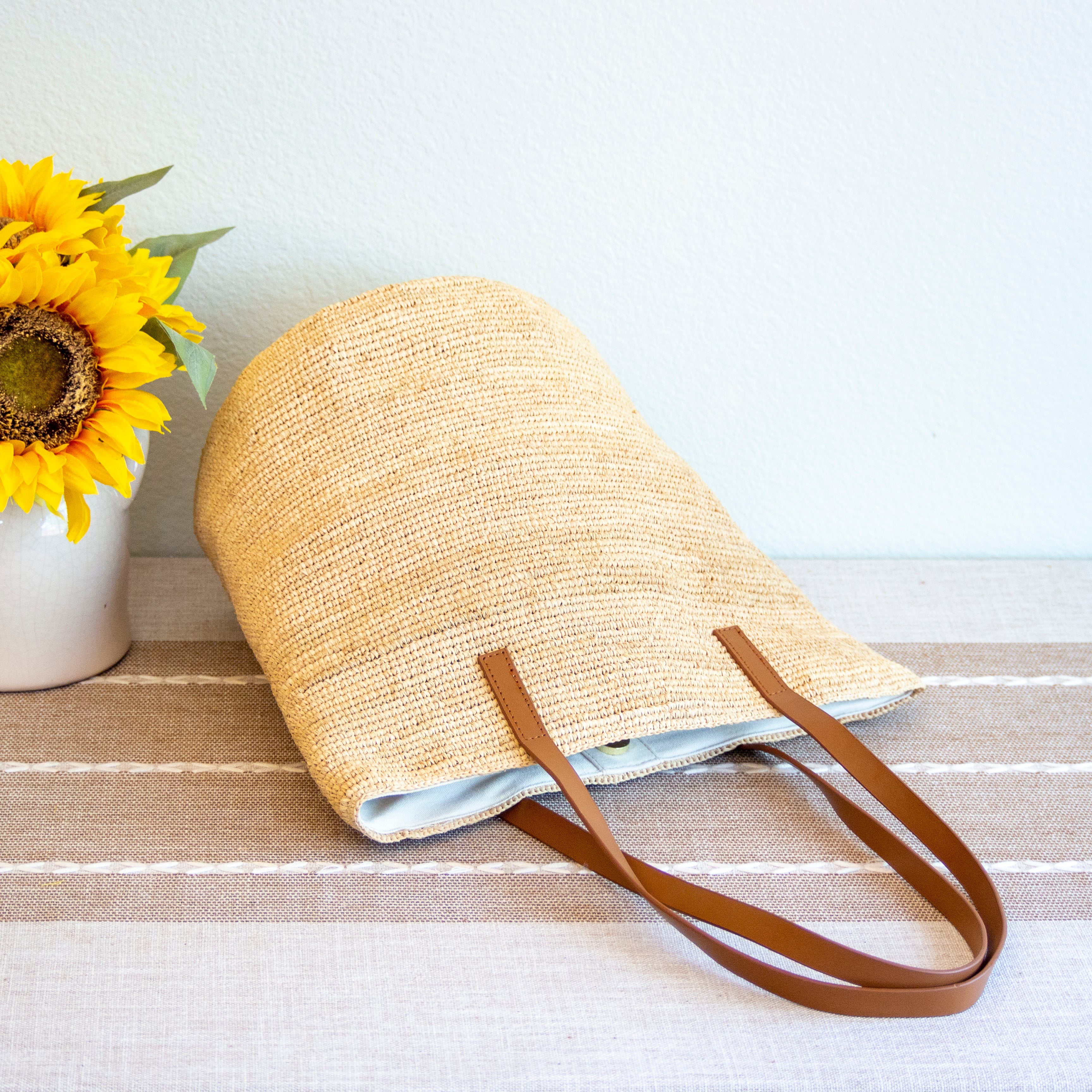 Raffia Summer Straw Tote with Genuine Leather Handles