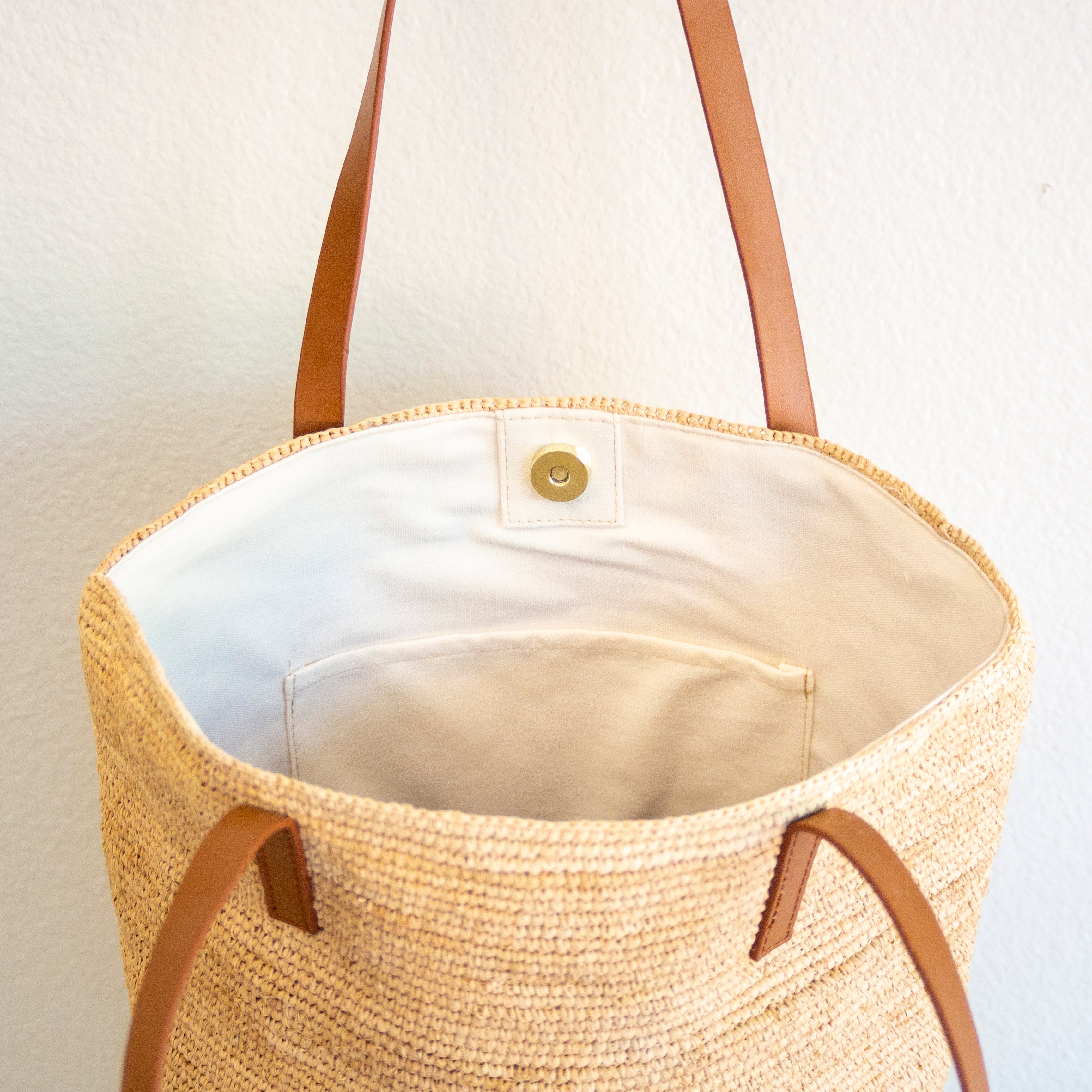 Raffia Summer Straw Tote with Genuine Leather Handles
