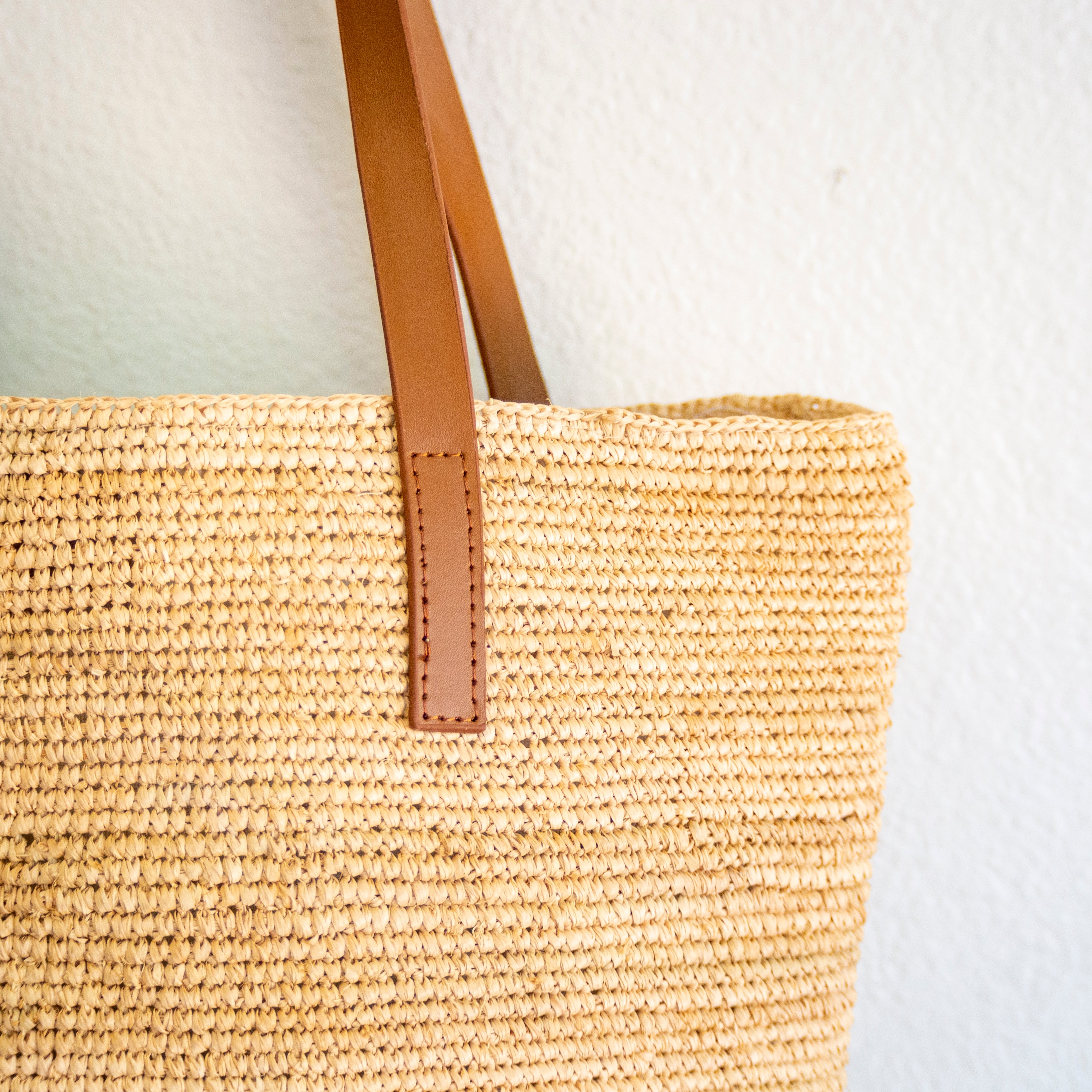 Raffia Summer Straw Tote with Genuine Leather Handles