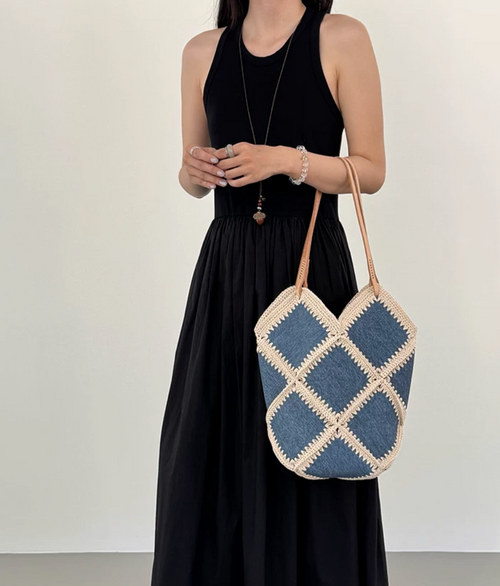 Denim Crochet Patchwork Shoulder Tote