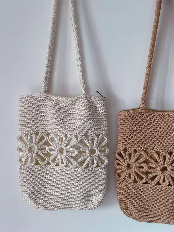 Crochet Medium Cotton Bag with Floral Design