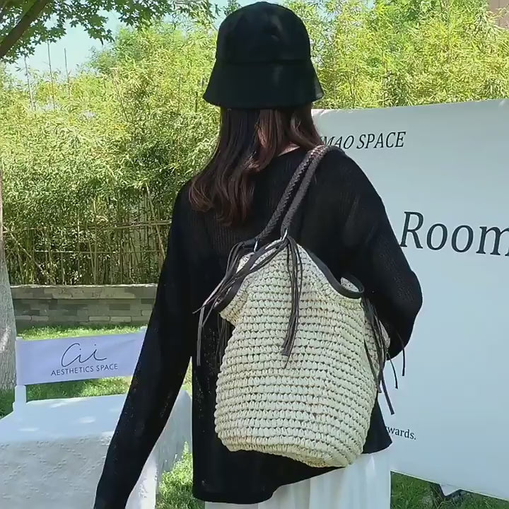 Large Straw Woven Bucket Tote Bag