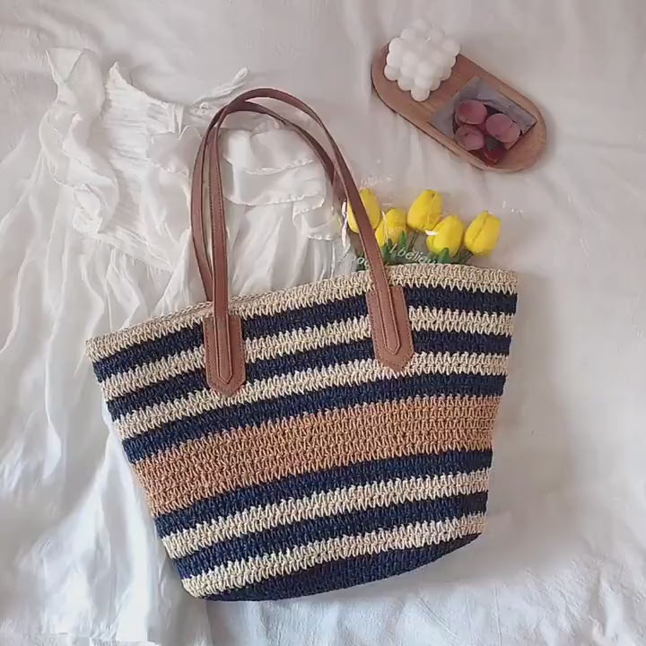 Large Striped Straw Woven Tote Bag
