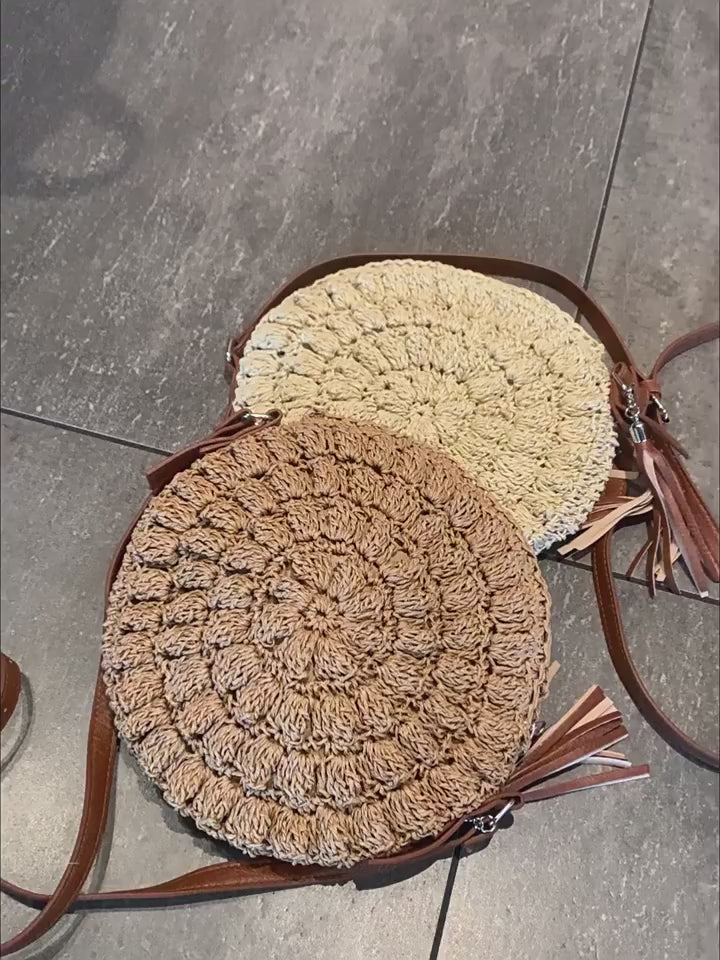 Straw Woven Round Tote with Leather Strap