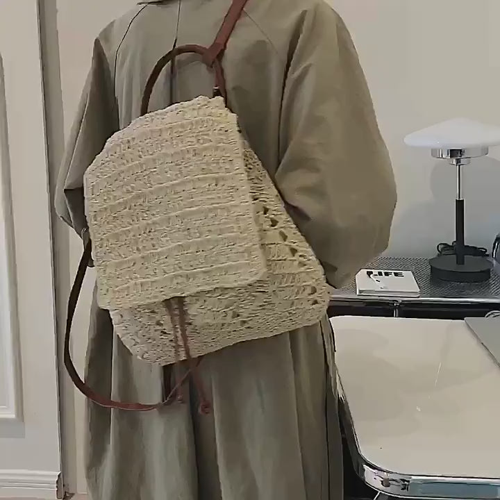 Straw Backpack with Leather Strap