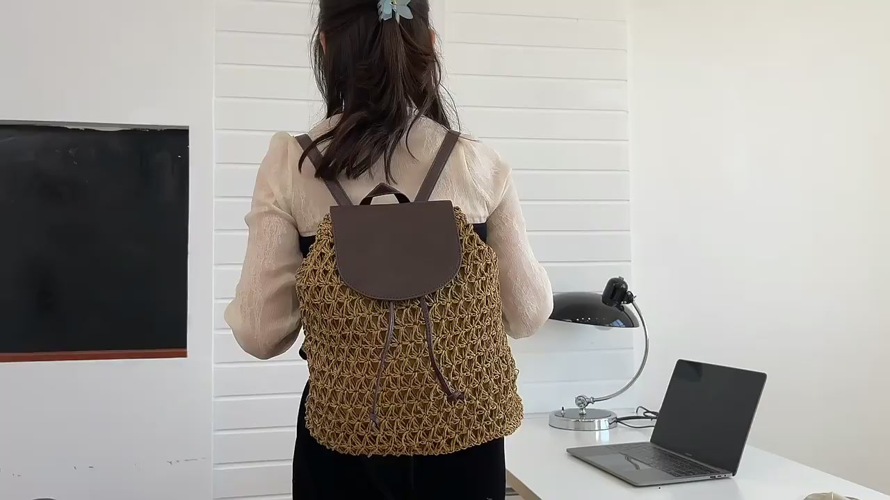 Elena Handbags Straw Woven Backpack with Leather Strap and Flap