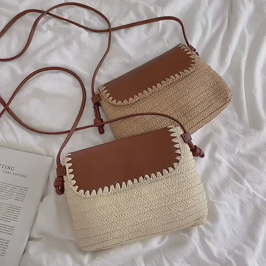 Straw Woven Messenger Bag with Leather Flap