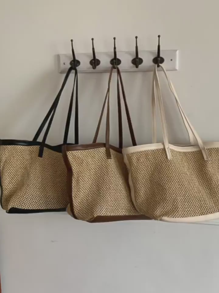 Elena Handbags Straw Woven Tote Bag with Leather Trims