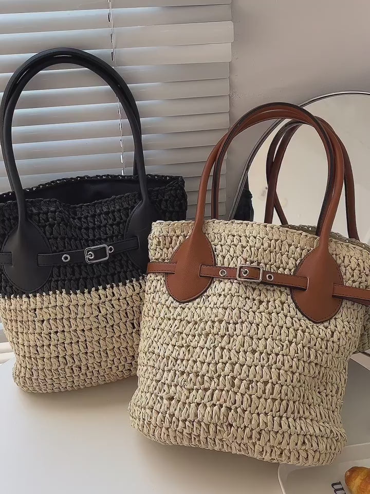Straw Top Handle Shoulder Bag with Leather Accent