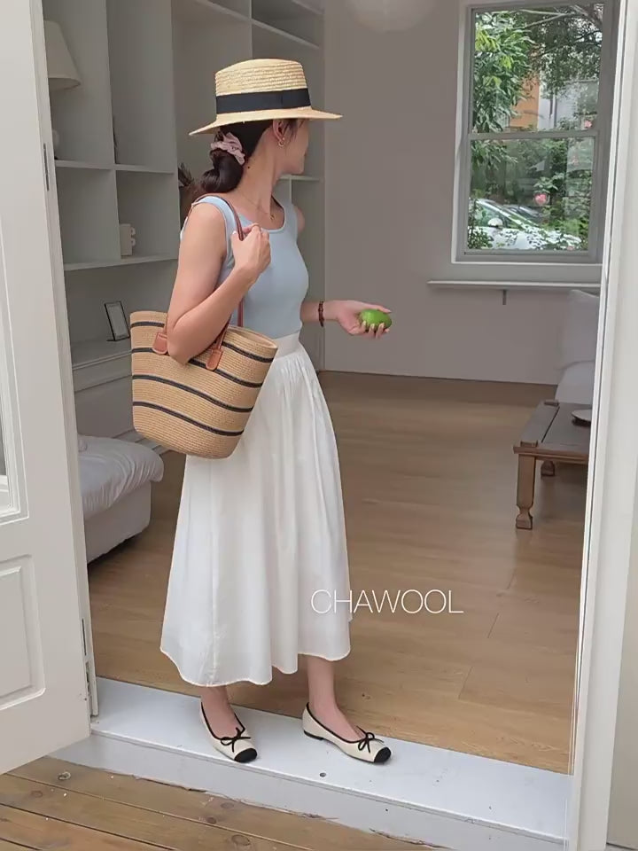 Straw Summer Tote Beach Bag with Stripes
