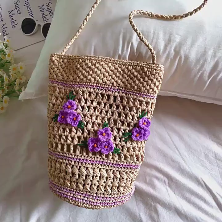 Floral Raffia Shoulder Bucket Bag Lavender Straw Bag