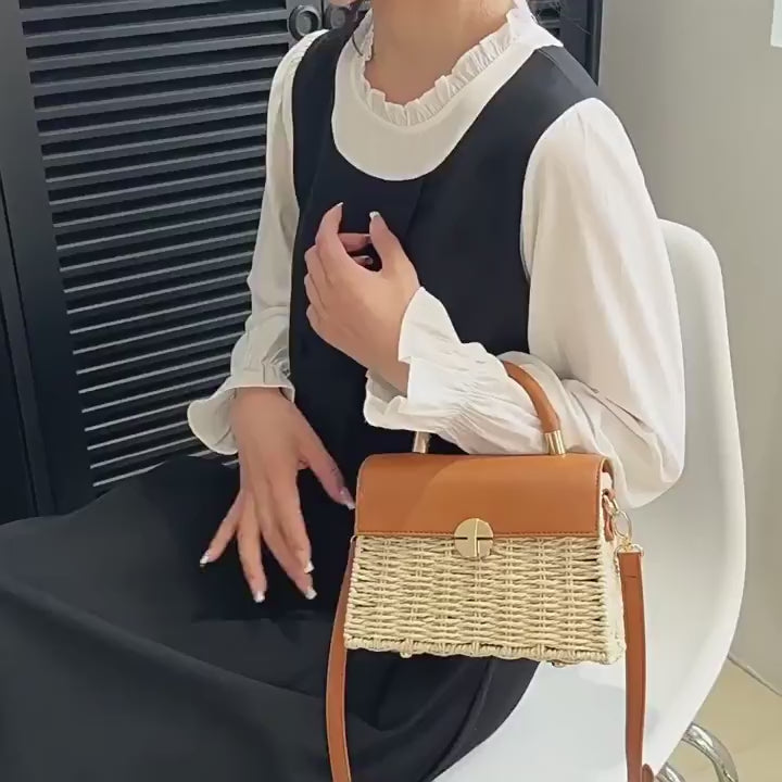Straw Woven Box Bag with Leather Flap and Trims