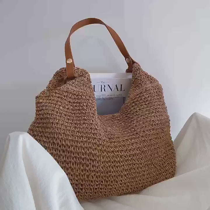 Elena Handbags Straw Woven Tote with Leather Straps