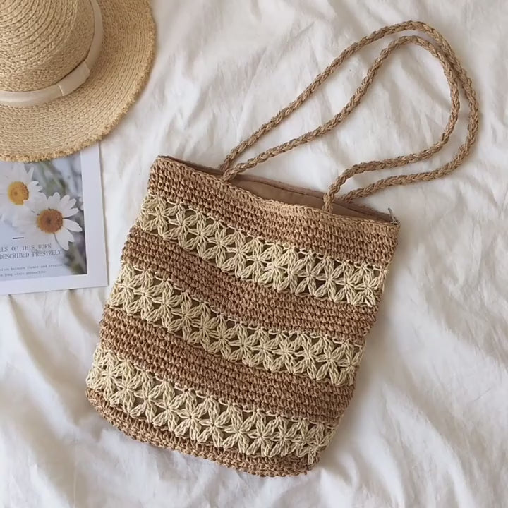 Patterned Straw Woven Tote Bag