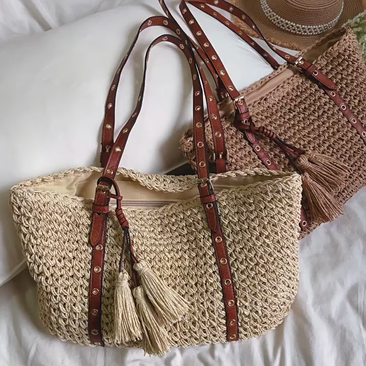 Straw Woven Tote with Leather Straps