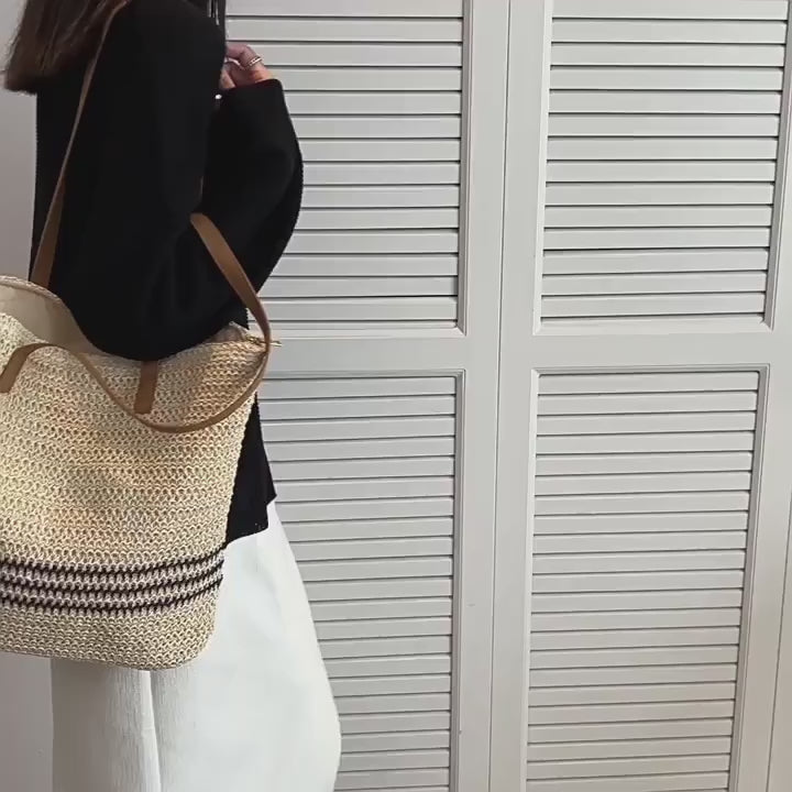 Striped Large Straw Woven Tote