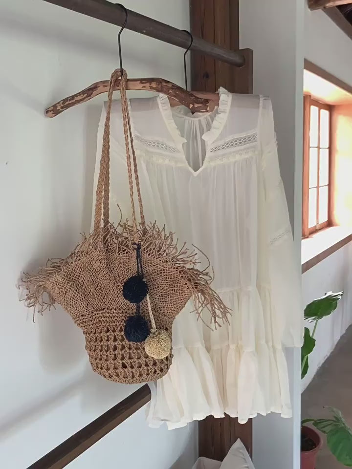 Straw Woven Basket Shape Tote with Pom Pom