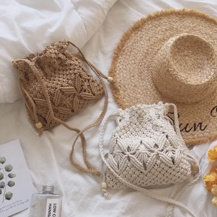 Retro Cotton Macrame Shoulder Drawstring Bag – Elena Handbags