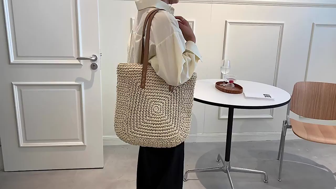 Patterned Straw Woven Tote Bag