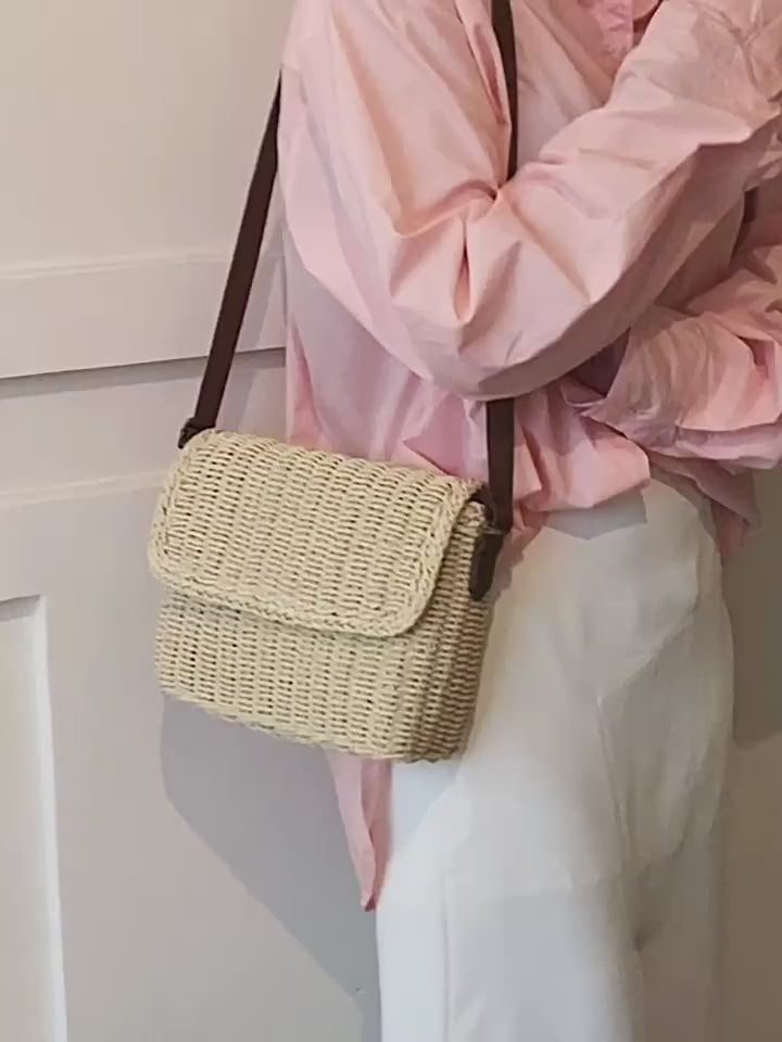 Straw Woven Messenger Bag with Flap