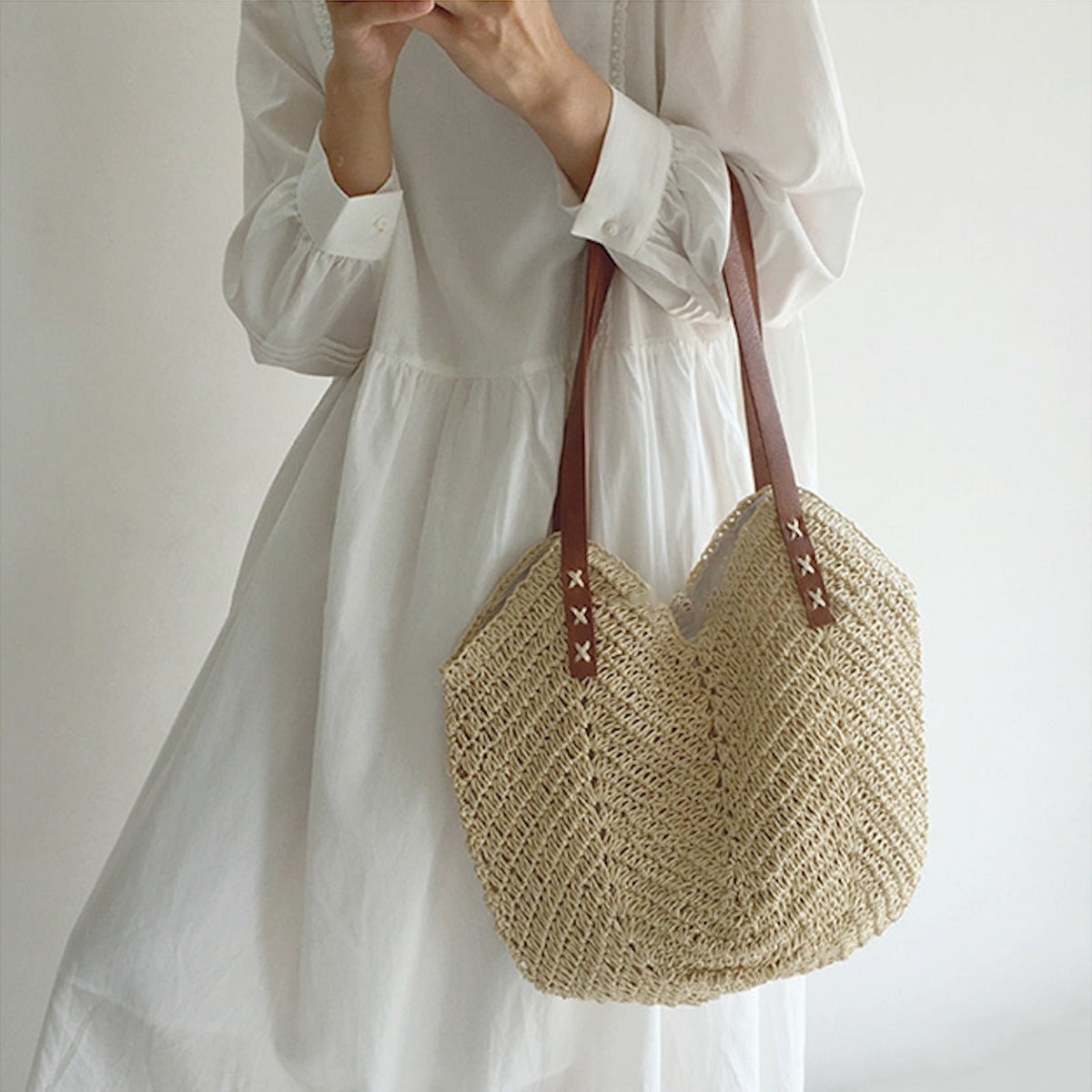 Buy Online High Quality, Unique Handmade Retro Straw Woven Tote Bag with Leather Straps, Summer Beach Bag, Handmade Shoulder Bag, Boho Beach Bag - Elena Handbags