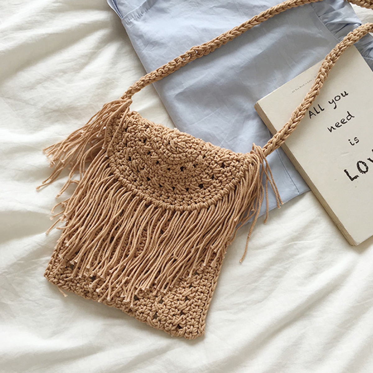 Elena Handbags Small Boho Beach Bag with Tassels Brown