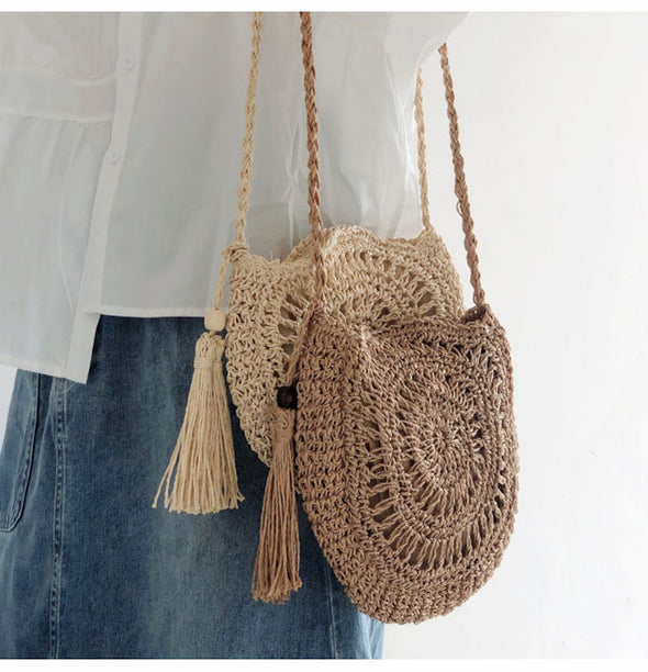 Buy Online High Quality, Unique Handmade Small Boho Round Beach Bag, Handmade Straw Woven Shoulder Bag, Summer Beach Bag - Elena Handbags