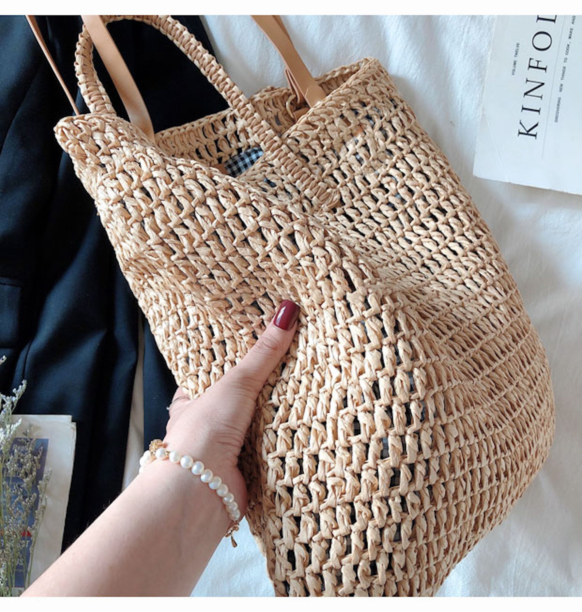 Buy Online High Quality, Unique Handmade Minimalistic Straw Woven Tote Bag with Leather Straps, Vintage Vibes, Shoulder Bag, Retro Bag, Beach Bag - Elena Handbags