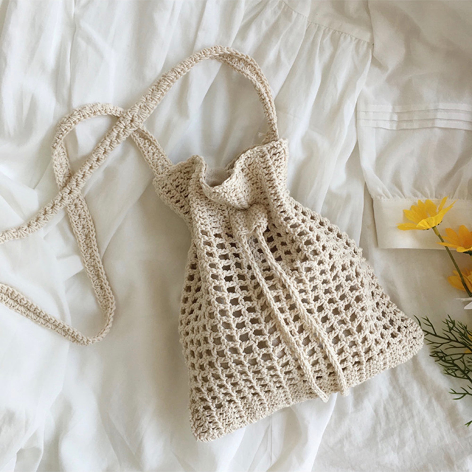 Buy Online High Quality, Unique Handmade Retro Artsy Cotton Knitted Shoulder Bag, Handmade Crochet Crossbody Bag, Fashion Casual Bag, Gift for Her, Women's Woven Drawstring Bag - Elena Handba