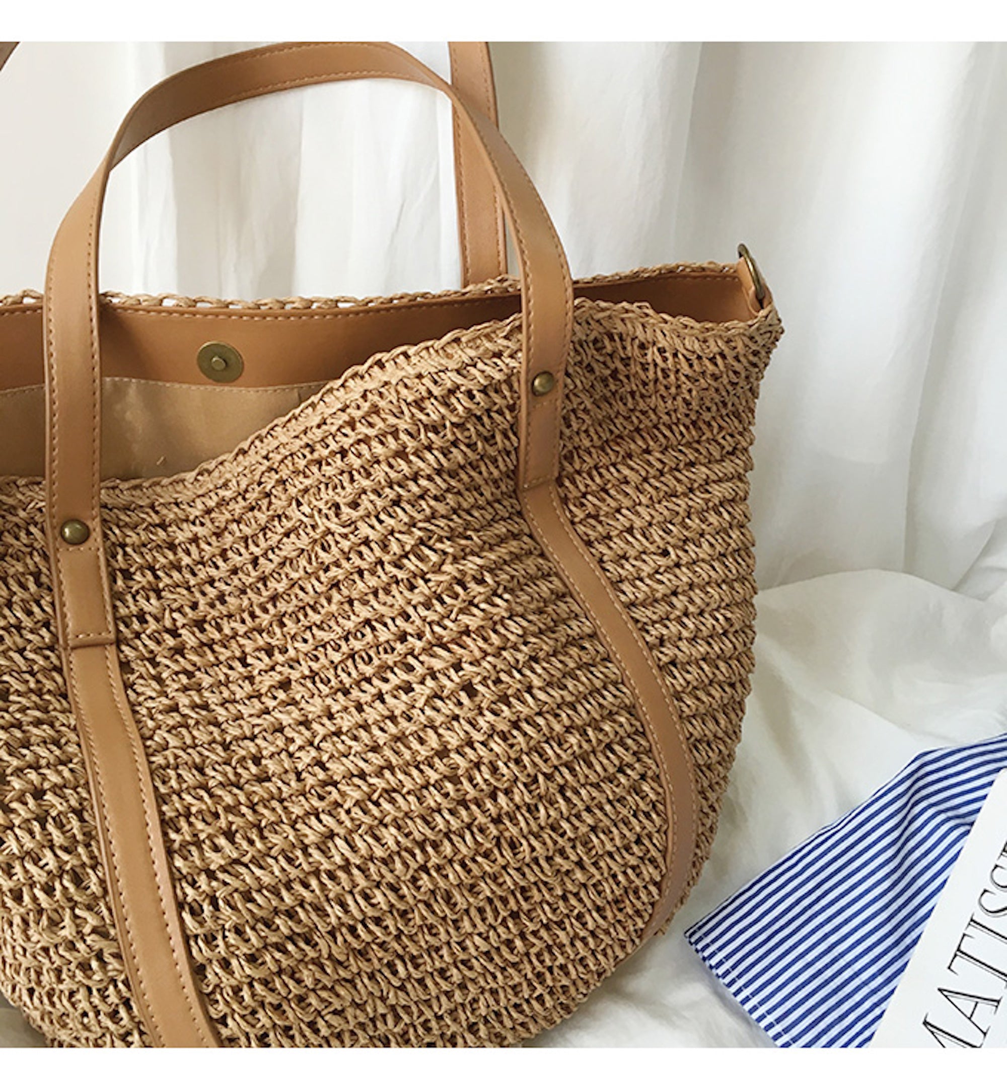 Buy Online High Quality, Unique Handmade Large Straw Woven Tote Bag with Leather Accents, Summer Bag, Everyday Shoulder Bag, Beach Bag - Elena Handbags