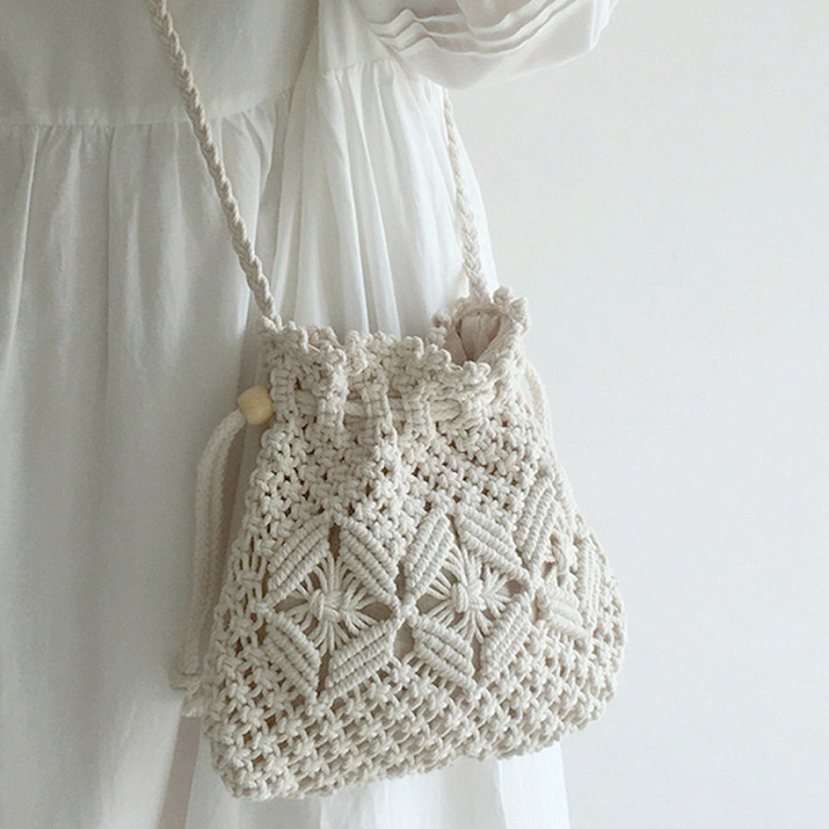 Retro Cotton Macrame Shoulder Drawstring Bag
