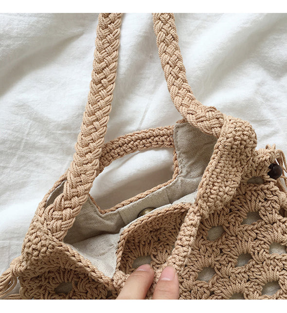Buy Online High Quality, Unique Handmade Retro Cotton Crochet Shoulder Bag with Tassels, Hand Woven, Fashion Casual Bag, Gift for Her, Women's Woven Bag - Elena Handbags