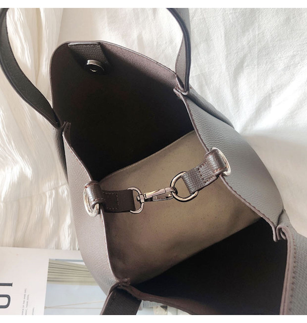 Buy Online Leather Bucket Bag with Shoulder Strap and Inner Pouch