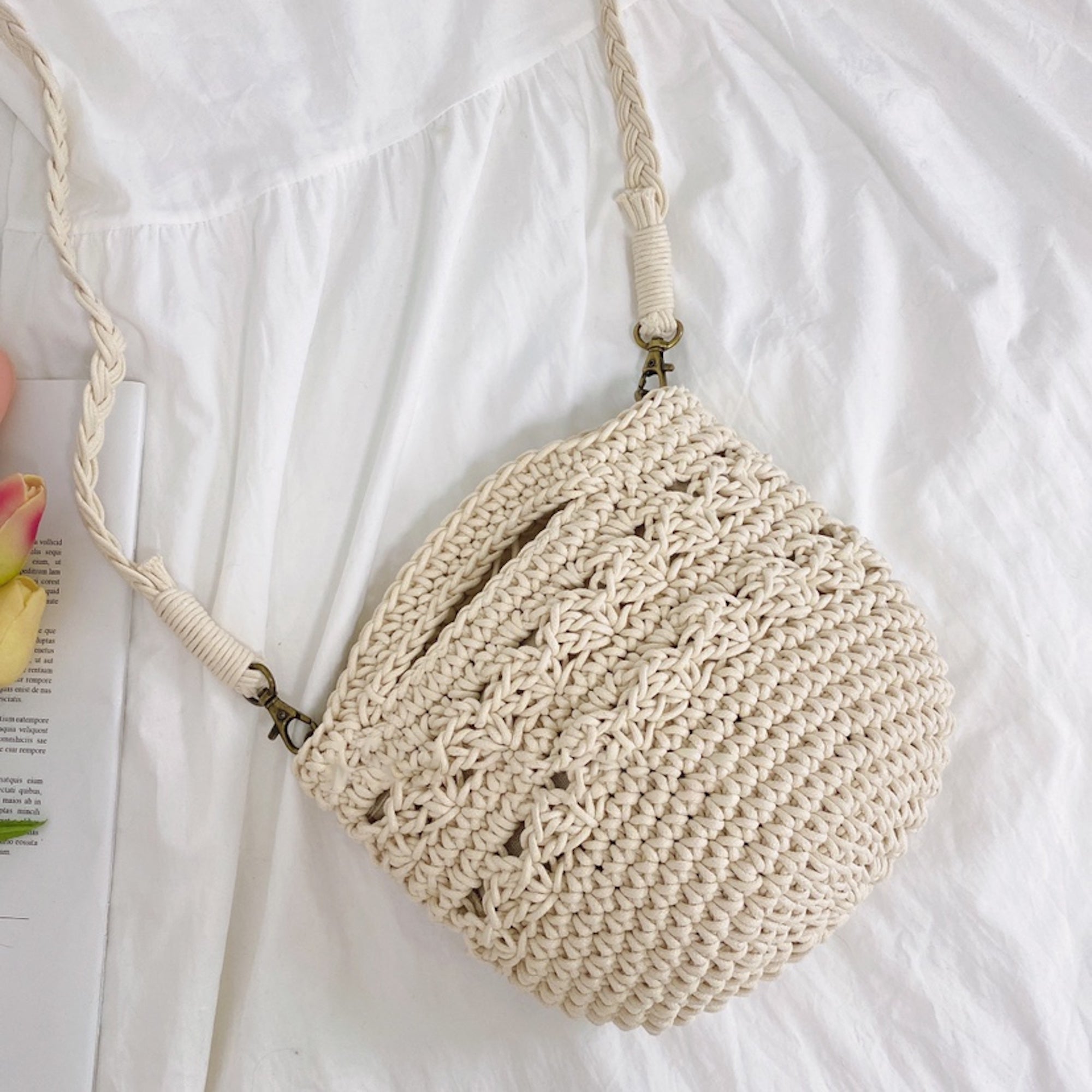 Buy Online High Quality, Unique Handmade Retro Crochet Shoulder Crossbody Bag, Minimalistic Basket Design, Small Size, Handmade Woven Cotton Twine - Elena Handbags