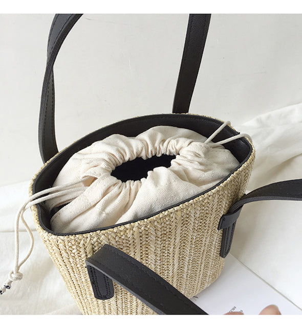 Buy Online High Quality, Unique Handmade Leather and Straw Bucket Bag, Summer Handbag, ins Style Purse - Elena Handbags