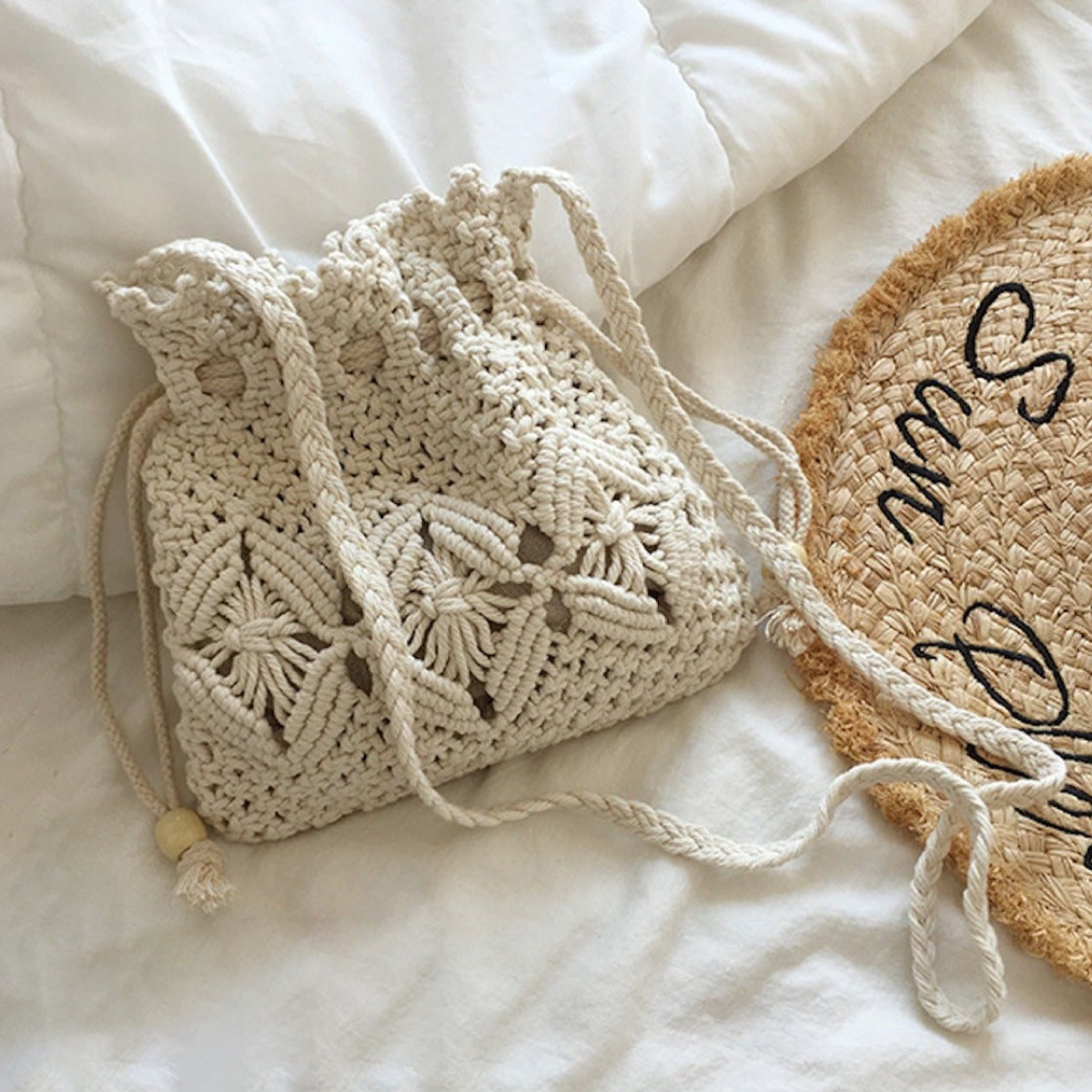 Retro Cotton Macrame Shoulder Drawstring Bag