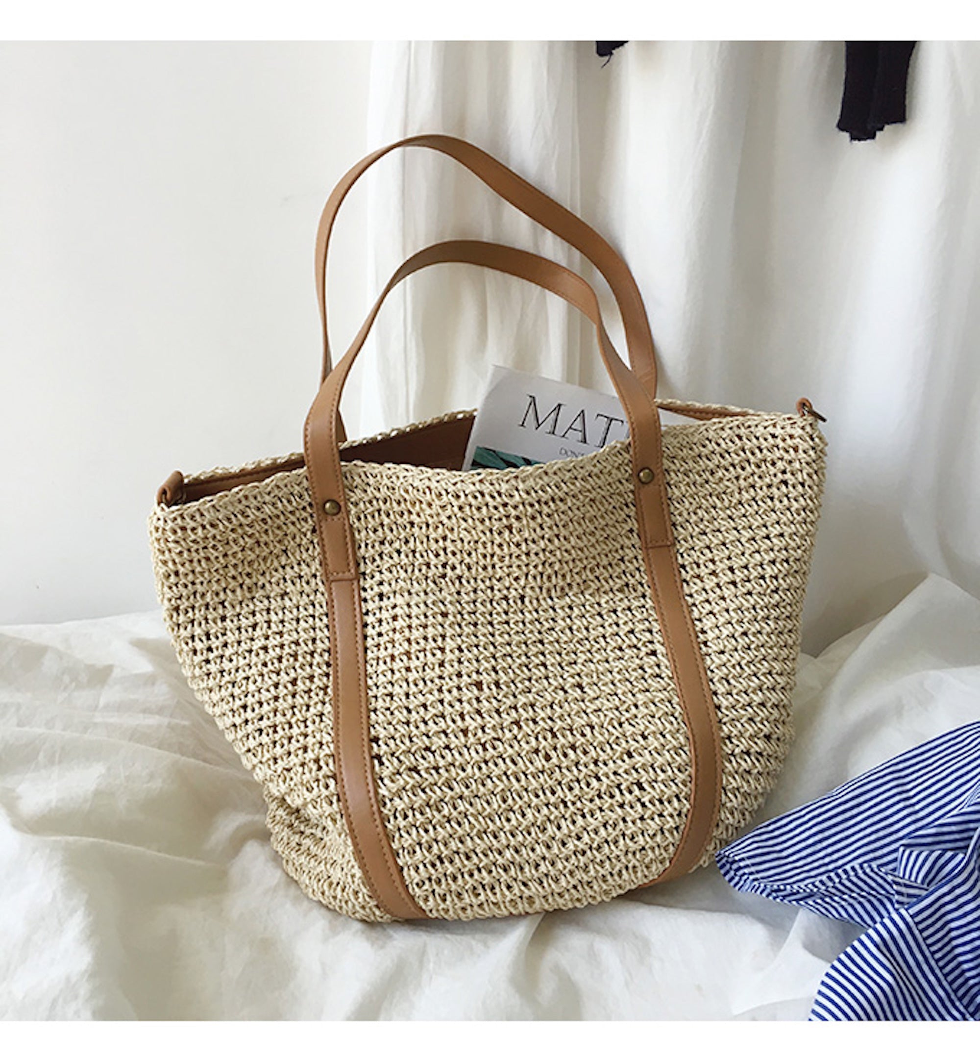 Buy Online High Quality, Unique Handmade Large Straw Woven Tote Bag with Leather Accents, Summer Bag, Everyday Shoulder Bag, Beach Bag - Elena Handbags