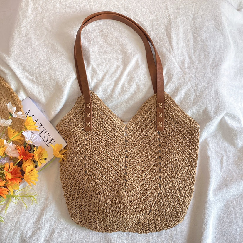 Buy Online High Quality, Unique Handmade Retro Straw Woven Tote Bag with Leather Straps, Summer Beach Bag, Handmade Shoulder Bag, Boho Beach Bag - Elena Handbags