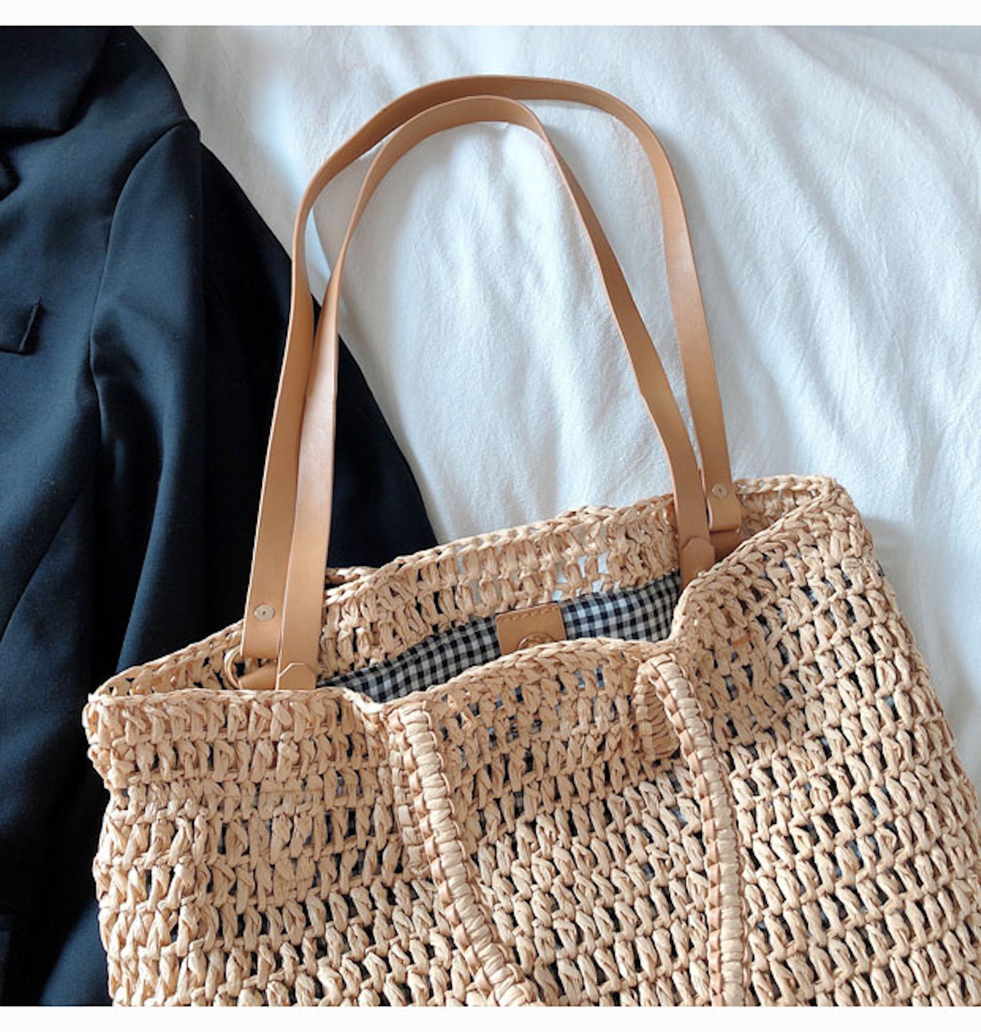 Buy Online High Quality, Unique Handmade Minimalistic Straw Woven Tote Bag with Leather Straps, Vintage Vibes, Shoulder Bag, Retro Bag, Beach Bag - Elena Handbags