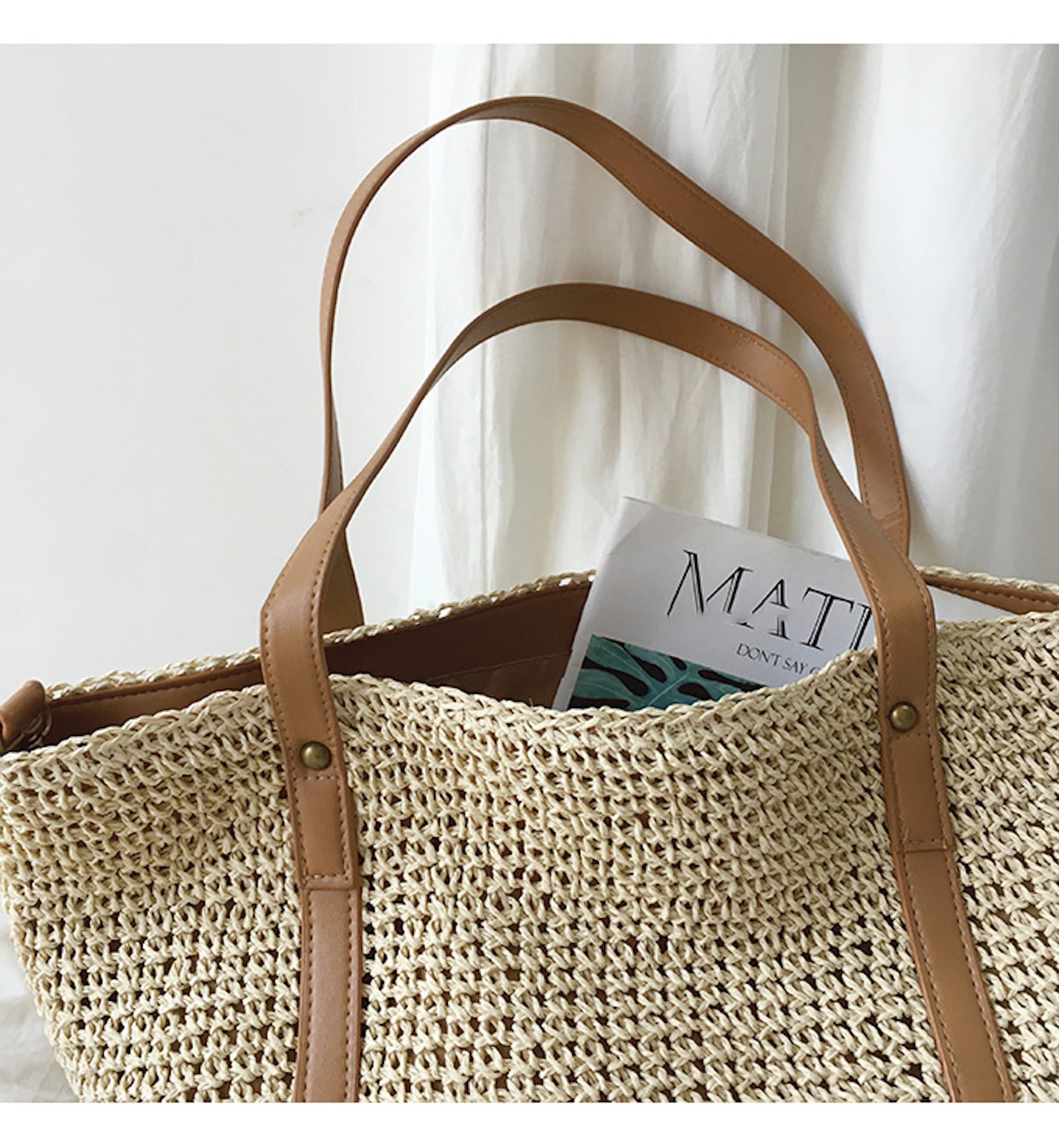 Buy Online High Quality, Unique Handmade Large Straw Woven Tote Bag with Leather Accents, Summer Bag, Everyday Shoulder Bag, Beach Bag - Elena Handbags
