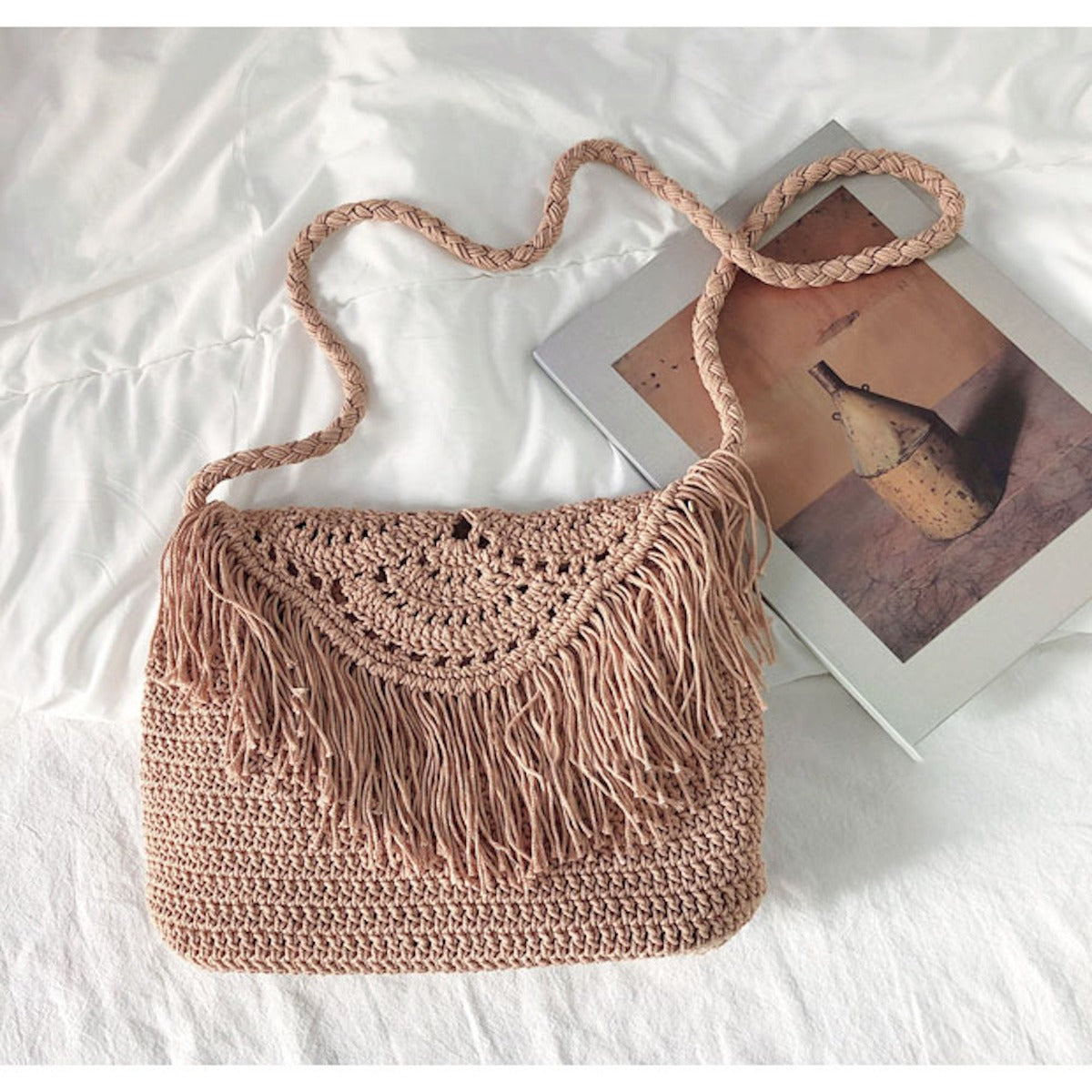 Buy Online High Quality, Unique Handmade Bohemian Tassel Beach Bag, Women Crochet Fringed Crossbody Bag, Hand Knitted Boho Shoulder Bag - Elena Handbags