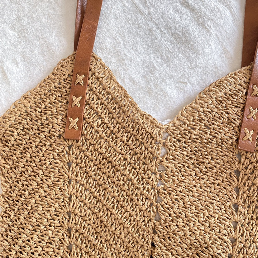 Buy Online High Quality, Unique Handmade Retro Straw Woven Tote Bag with Leather Straps, Summer Beach Bag, Handmade Shoulder Bag, Boho Beach Bag - Elena Handbags