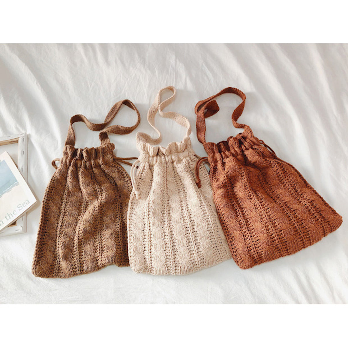 Elena Handbags Retro Cotton Knitted Shoulder Drawstring Bag