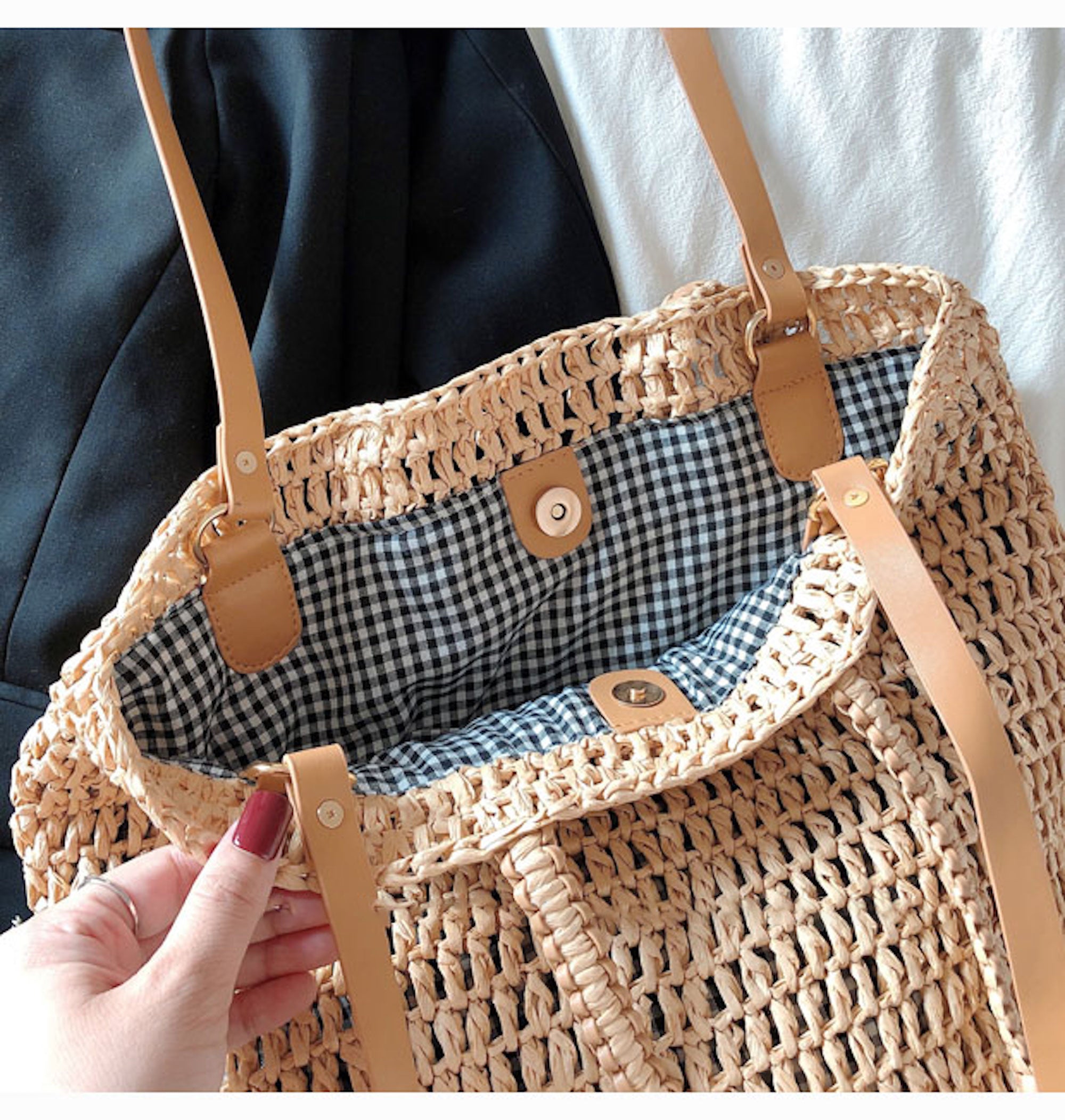 Buy Online High Quality, Unique Handmade Minimalistic Straw Woven Tote Bag with Leather Straps, Vintage Vibes, Shoulder Bag, Retro Bag, Beach Bag - Elena Handbags