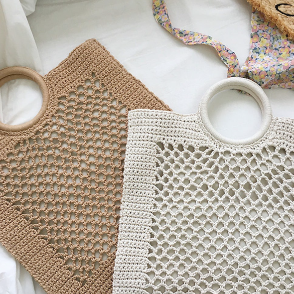 Elena Handbags Handmade Crochet Large Cotton Knitted Top Handle Bag with Fishnet Design