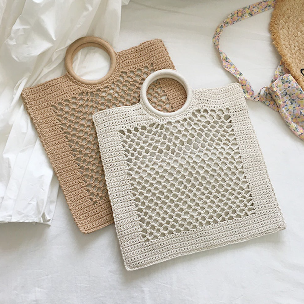 Elena Handbags Handmade Crochet Large Cotton Knitted Top Handle Bag wi