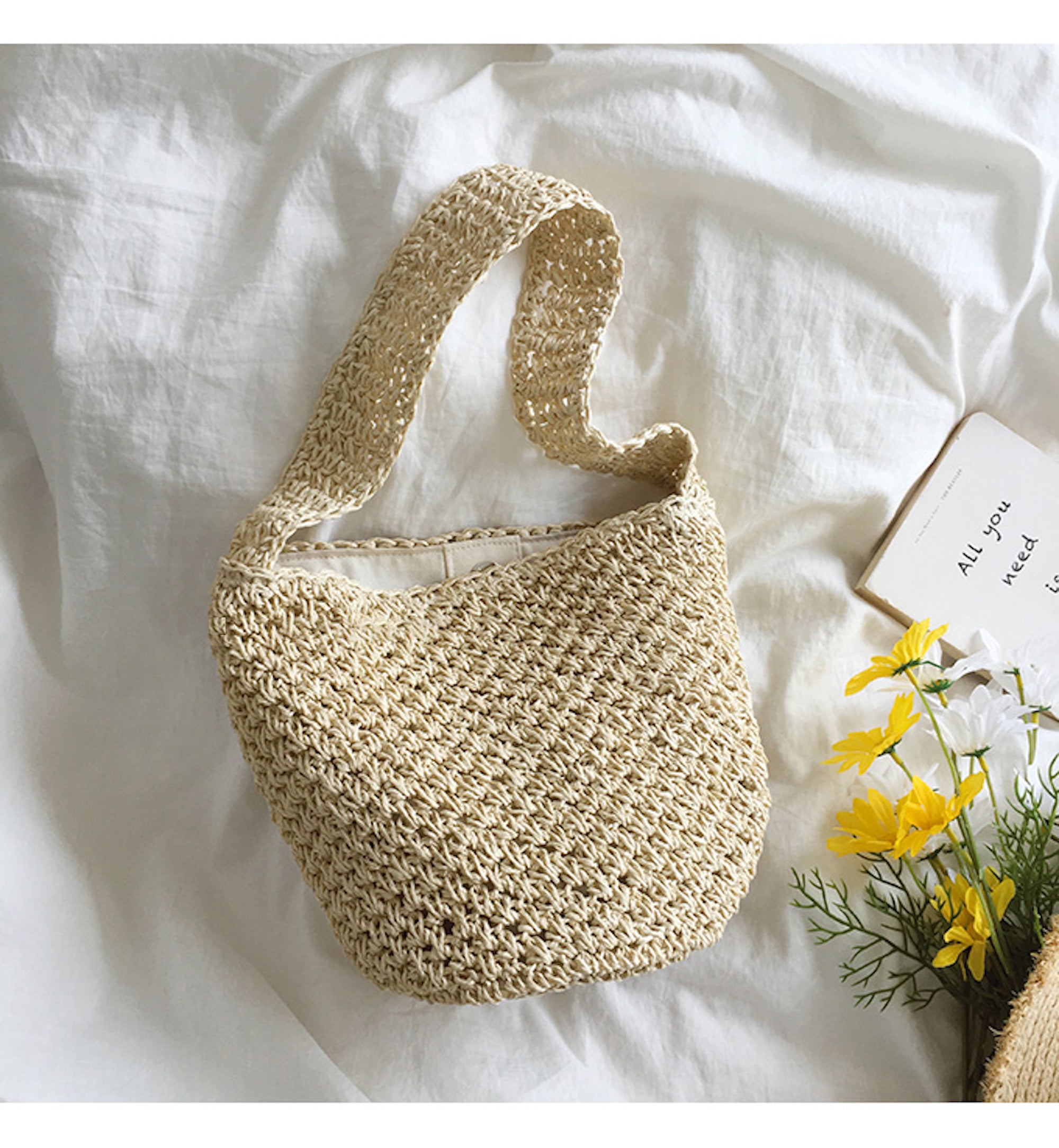 Buy Online High Quality, Unique Handmade Straw Shoulder Bucket Bag, Minimalistic Basket Design, Small Size, Handmade Summer Beach Purse, Raffia Bag - Elena Handbags