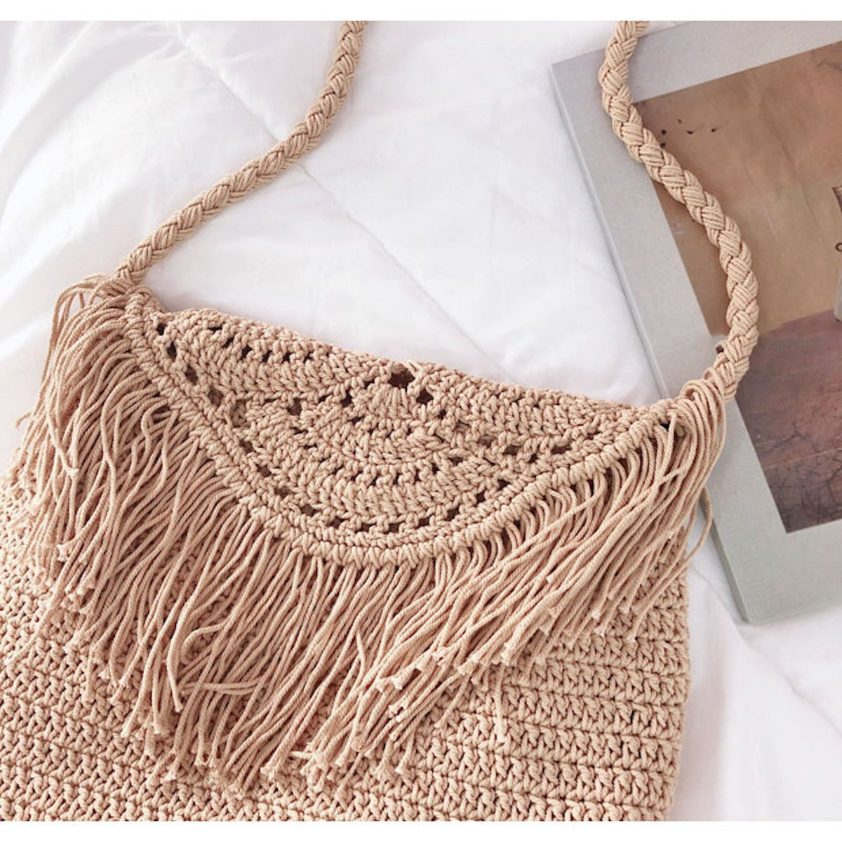 Buy Online High Quality, Unique Handmade Bohemian Tassel Beach Bag, Women Crochet Fringed Crossbody Bag, Hand Knitted Boho Shoulder Bag - Elena Handbags